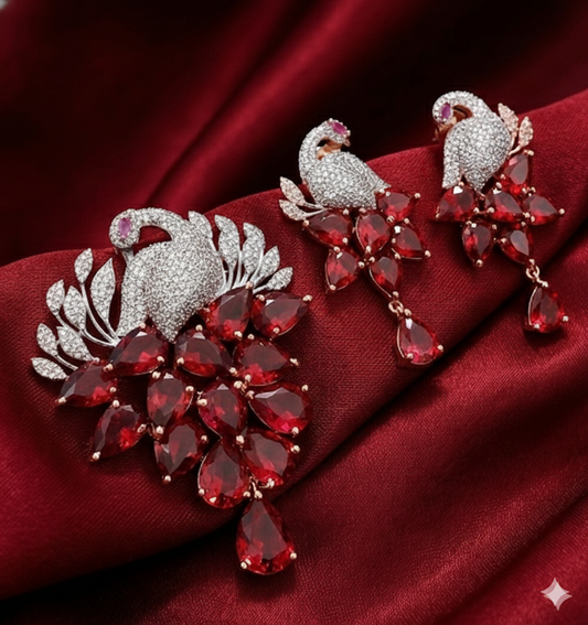 Premium Swan Pendant Set – Silver Finish with Ruby CZ Stones