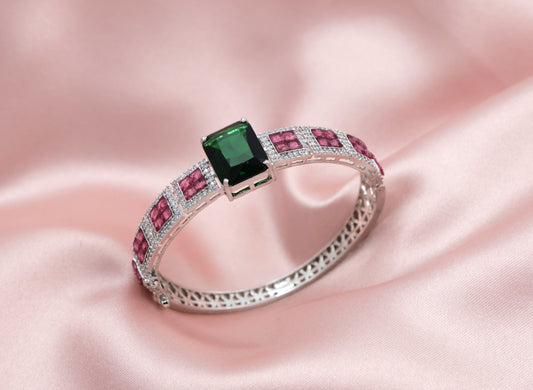 Emerald Charm Bracelet with Ruby-Toned CZ Inlay