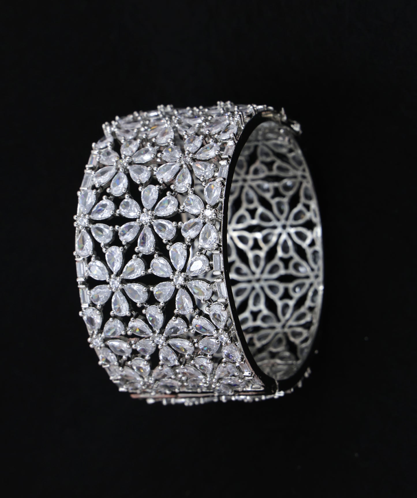 Crystal Bloom Cuff β Floral CZ Wide Bracelet