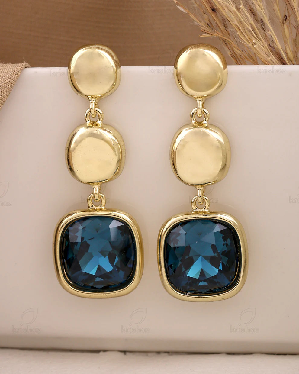 Royal Blue Crystal Gold Drop Earrings