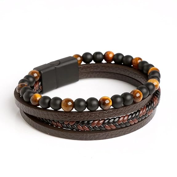 Brown Leather Bracelet with Matte Black & Tiger Eye Beads