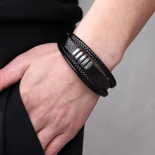 Multi-Layer Black Leather Bracelet with Metal Bar Accents – Edgy Urban Style