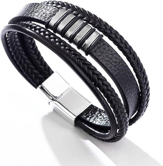 Multi-Layer Black Leather Bracelet with Metal Bar Accents – Edgy Urban Style
