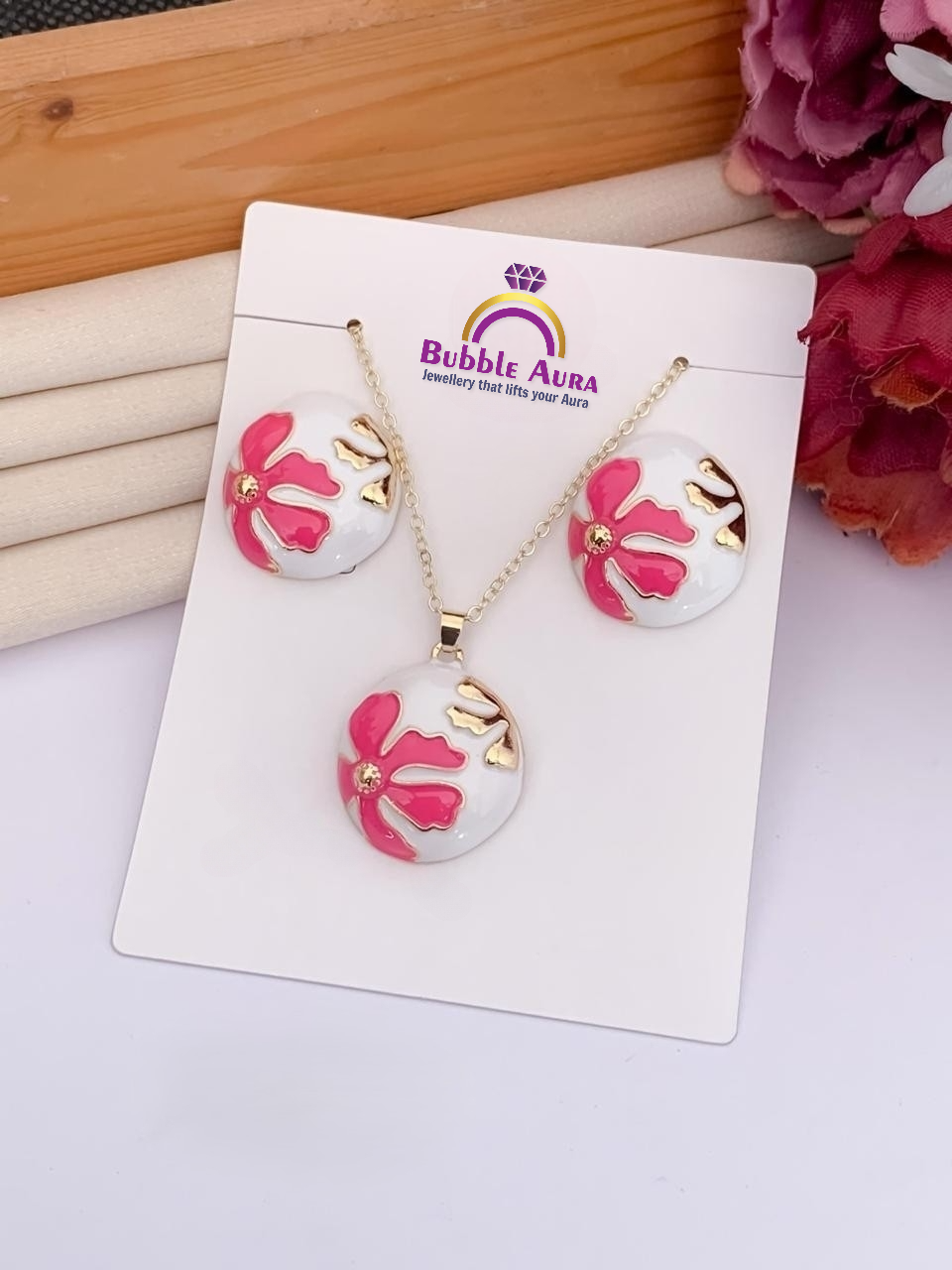 Blossom Aura Golden Enamel Pendant Set