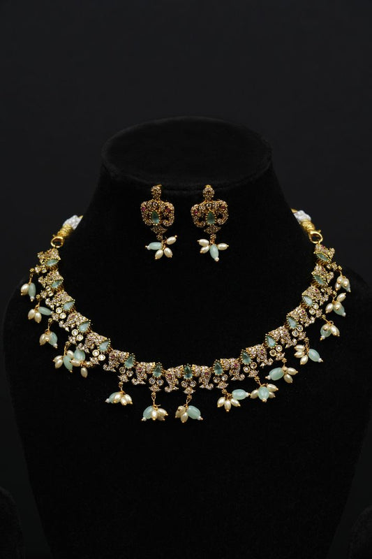 Royal Bloom Pearl & Emerald Necklace Set(with Elephant stone design)