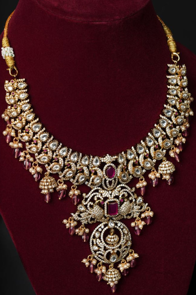 Antique Gold-Plated Bridal Necklace Set with Ruby & Kundan Detailing