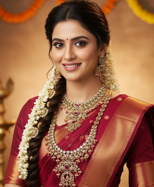 Antique Gold-Plated Bridal Necklace Set with Ruby & Kundan Detailing