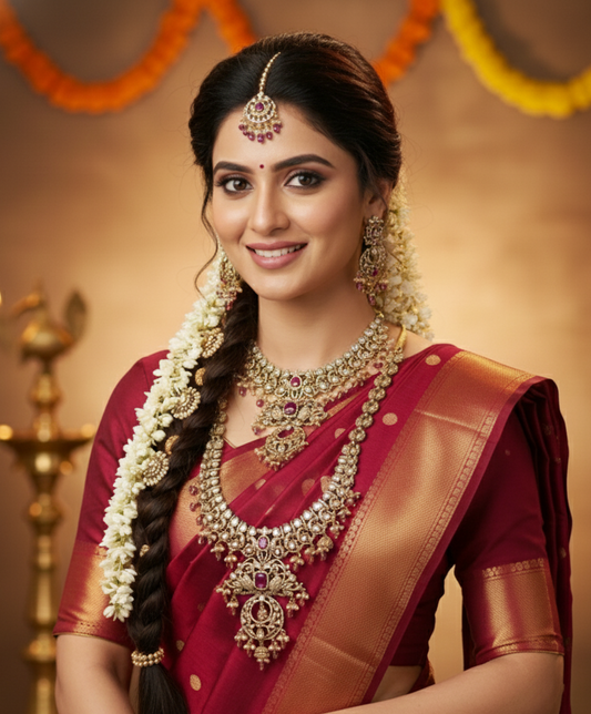 Antique Gold-Plated Bridal Necklace Set with Ruby & Kundan Detailing