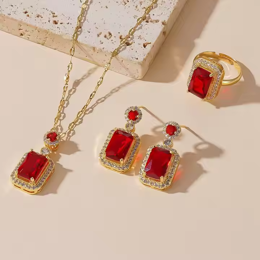 Quadrate Rhinestone Necklace Earrings Ring Set - Anti-tarnish