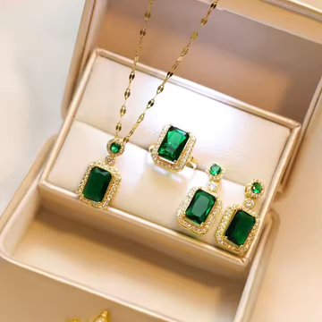 Emerald Quadrate Rhinestone Necklace Earrings Ring Set