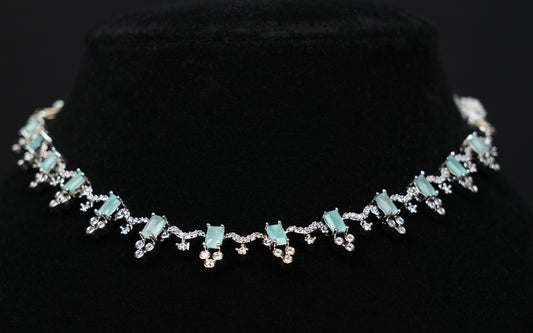 Delicate Aqua Blue & CZ Silver-Plated Necklace Set