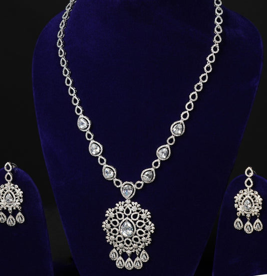 Elegant Silver Finish Bridal Necklace Set with Teardrop Crystals