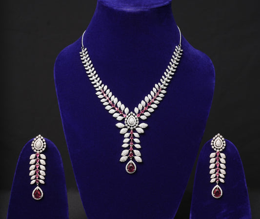 Crimson Elegance CZ Necklace Set with Ruby Drop Detailing