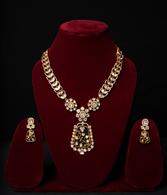 Antique Gold Finish Necklace Set with Black Enamel Detailing