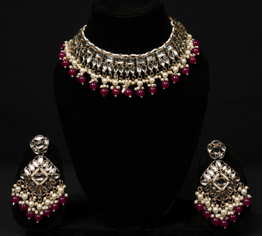 Choker Necklace Set with Ruby Beads & Pearl Accents