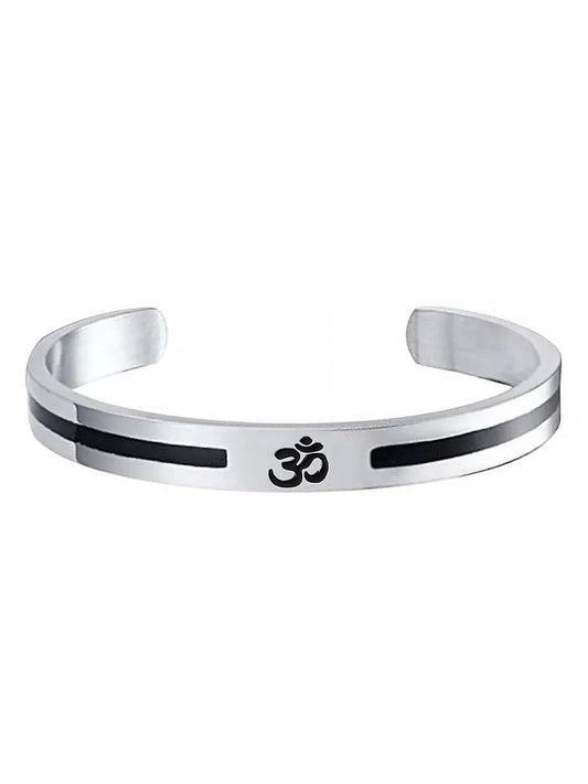 Stainless Steel OM Cuff Bracelet – Silver & Black Minimal Edition