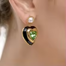 Emerald Crush Heart Earrings | Green Crystal & Black Enamel Studs - Anti-tarnish