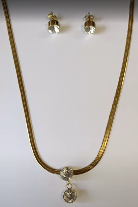 Golden Crystal Necklace with Matching Stud Earrings Set