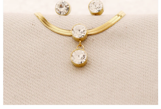 Golden Crystal Necklace with Matching Stud Earrings Set