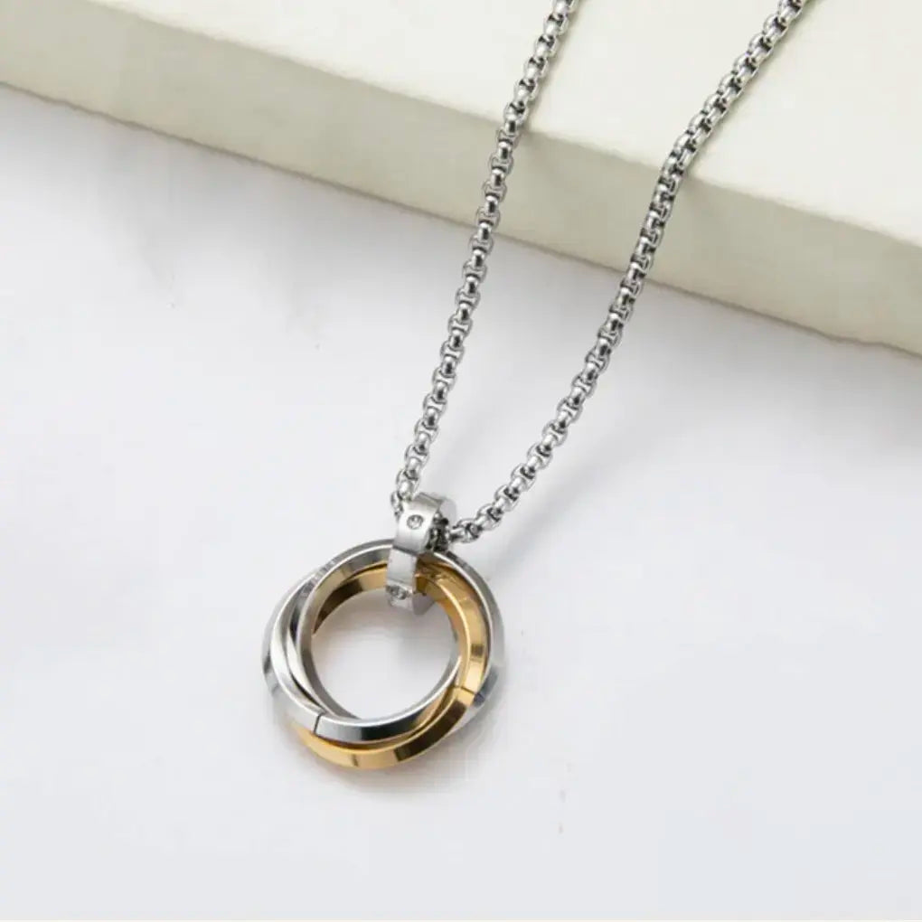 Unisex Interlocking Rings Necklace – Silver & Gold Stainless Steel Pendant