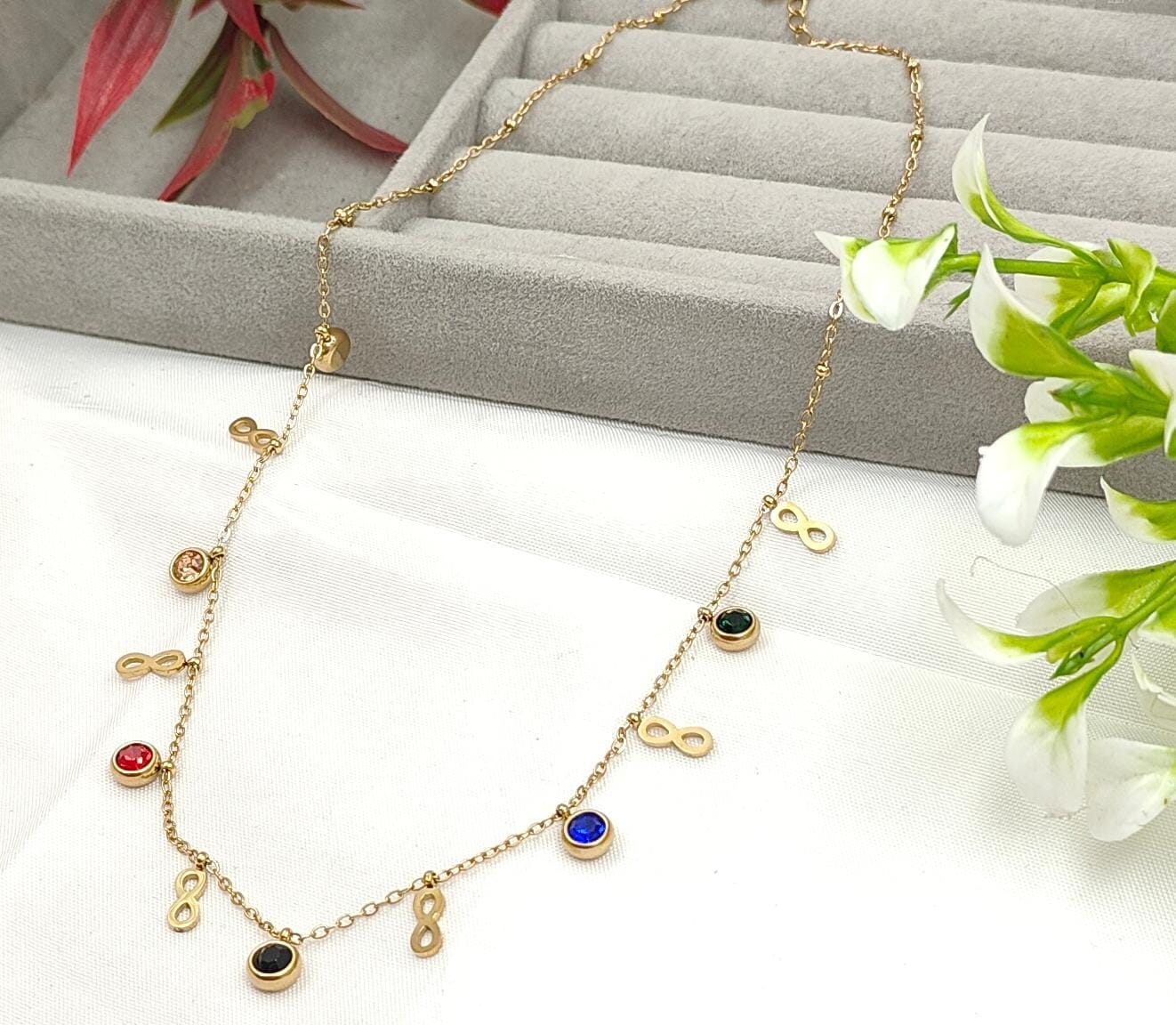 Elegant Infinity Charm Necklace with Multicolor Accents – Gold Finish