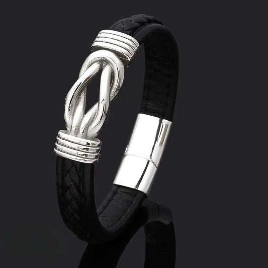 Black braided leather bracelet with silver infinity knot and Magnetic Clasp