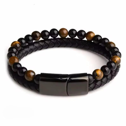 Men’s Braided Leather & Tiger Eye Bead Bracelet – Dual Layer