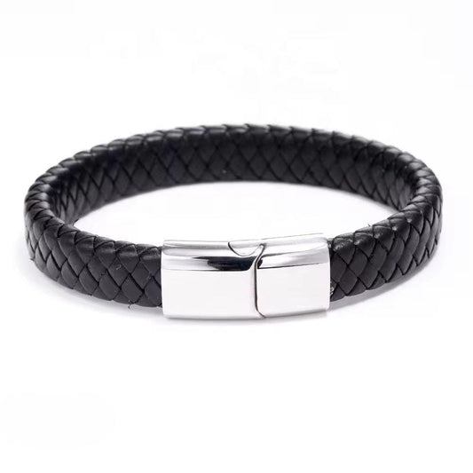 Classic Black Braided Leather Bracelet with Silver Clasp – Minimalist Style