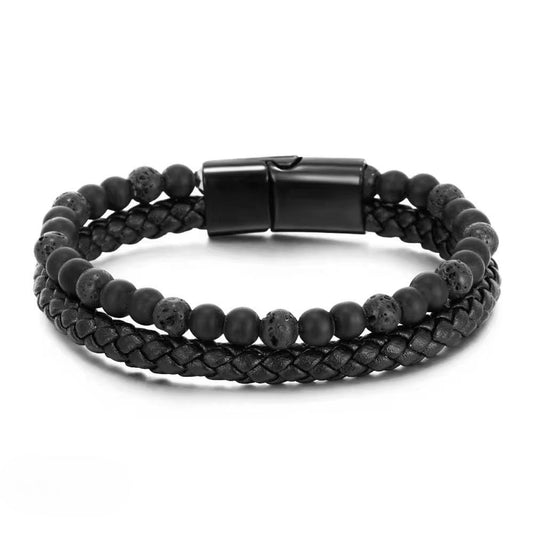 Black Braided Leather Bead Bracelet