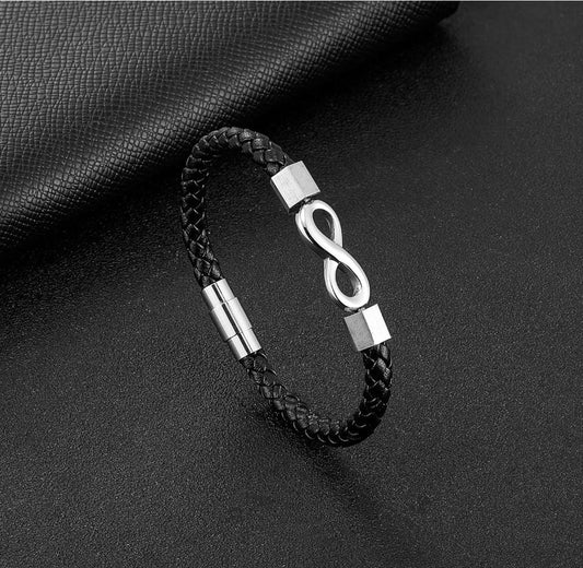 Infinity Symbol Black Braided Leather Bracelet for Men