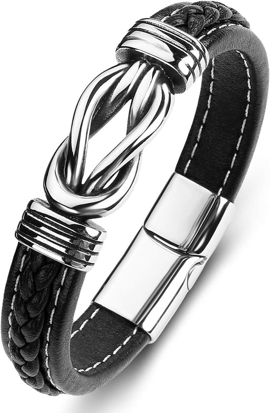 Twist Knot Dual Texture Black Leather Bracelet for Men