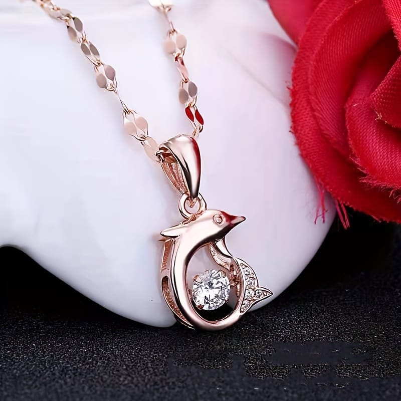 Rose Gold Dolphin Crystal Pendant Necklace – Ocean Elegance
