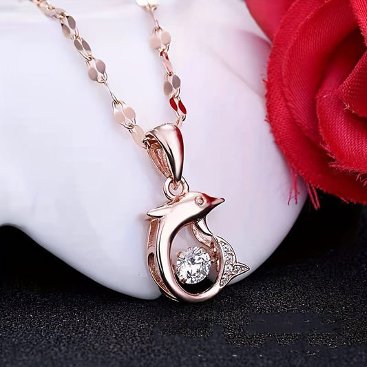 Rose Gold Dolphin Crystal Pendant Necklace – Ocean Elegance