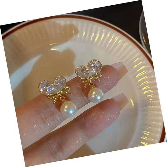 Crystal Bow & Pearl Drop Earrings