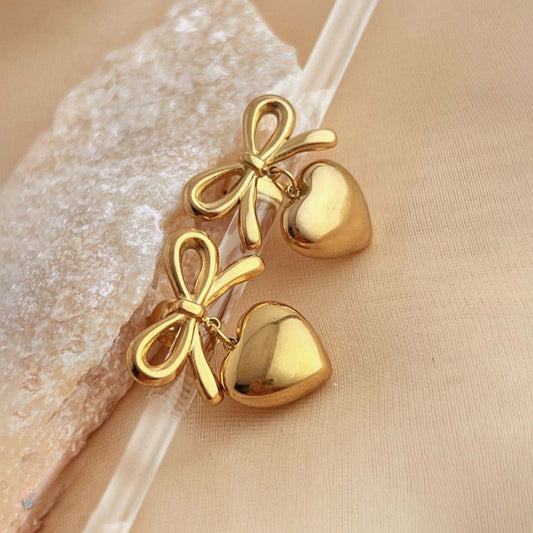 Gold Bow & Heart Drop Earrings