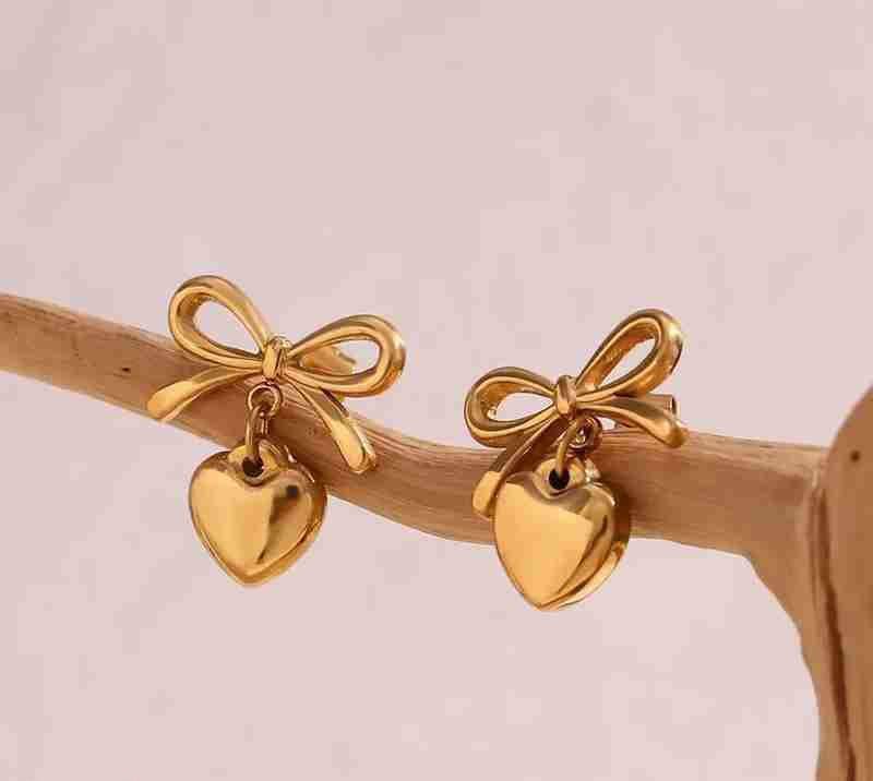 Gold Bow & Heart Drop Earrings