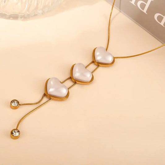 Elegant Triple Heart Pearl Pendant Necklace