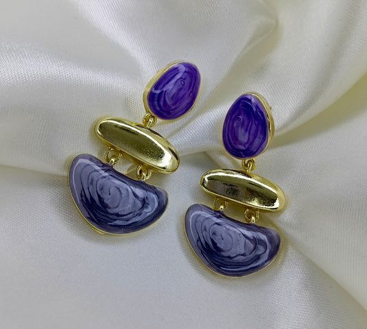 Purple Swirl Enamel Gold Statement Earrings