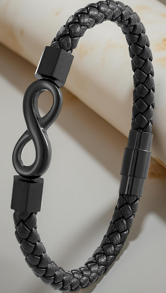Infinity Charm Black Braided Leather Bracelet