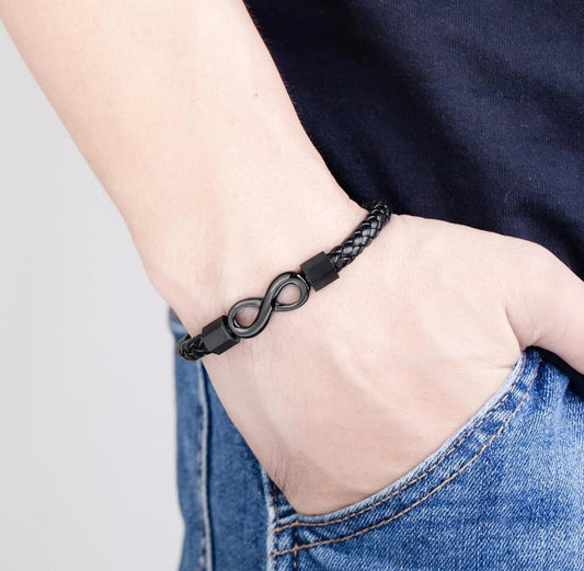 Infinity Charm Black Braided Leather Bracelet