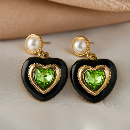 Emerald Crush Heart Earrings | Green Crystal & Black Enamel Studs - Anti-tarnish