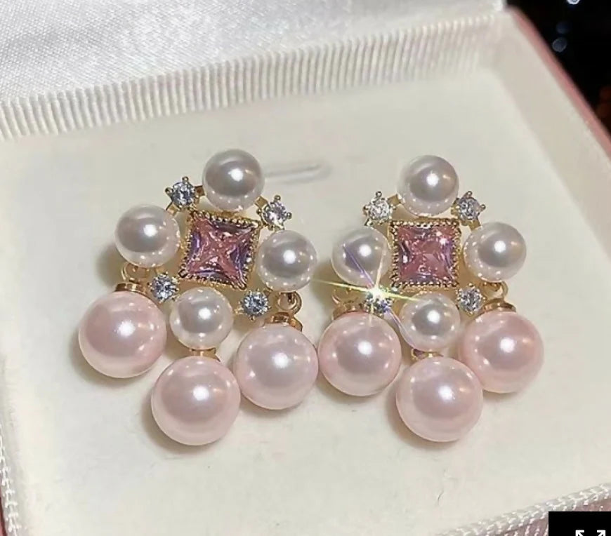 Blush Royale Pearl & Pink Stone Drop Earrings - Anti-tarnish