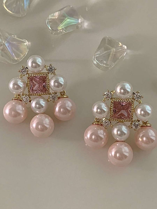 Blush Royale Pearl & Pink Stone Drop Earrings - Anti-tarnish