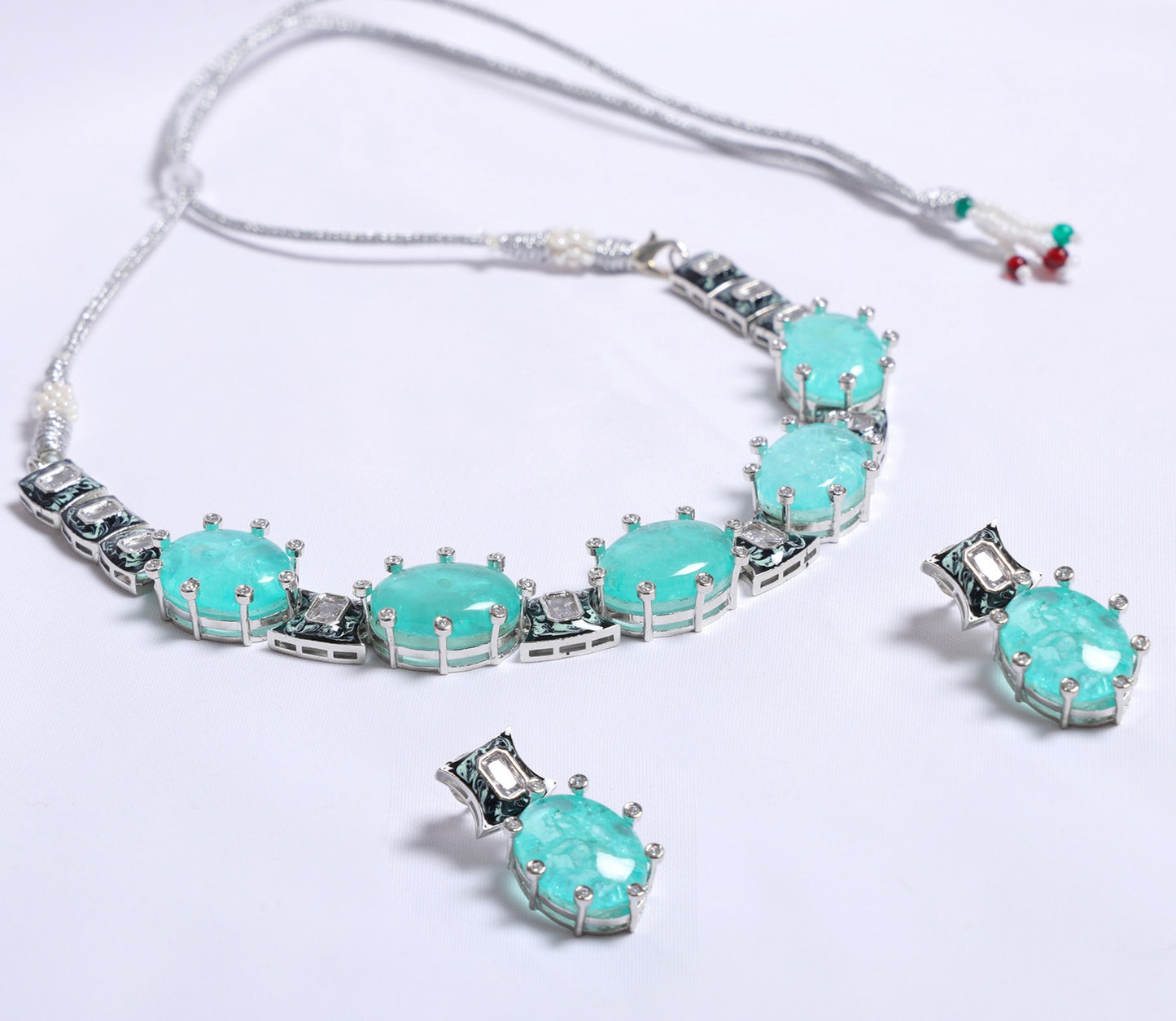 Elegant Sea Green Stone Necklace Set with Silver Finish