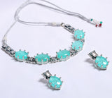 Elegant Sea Green Stone Necklace Set with Silver Finish