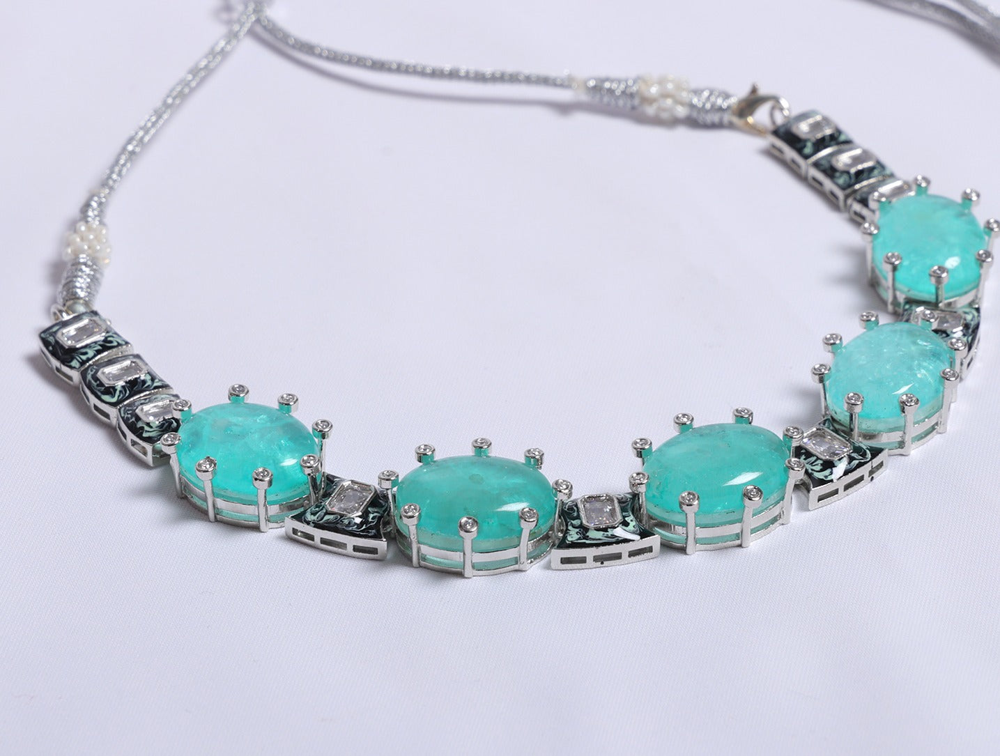 Elegant Sea Green Stone Necklace Set with Silver Finish