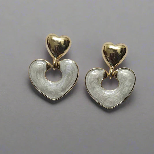 Golden Heart Charm Enamel Drop Earrings - Anti-tarnish