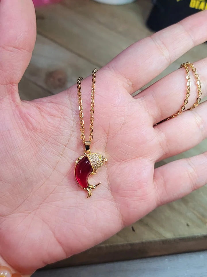 🐟 Elegant Gold Fish Pendant Necklace with Red & CZ Accents ✨