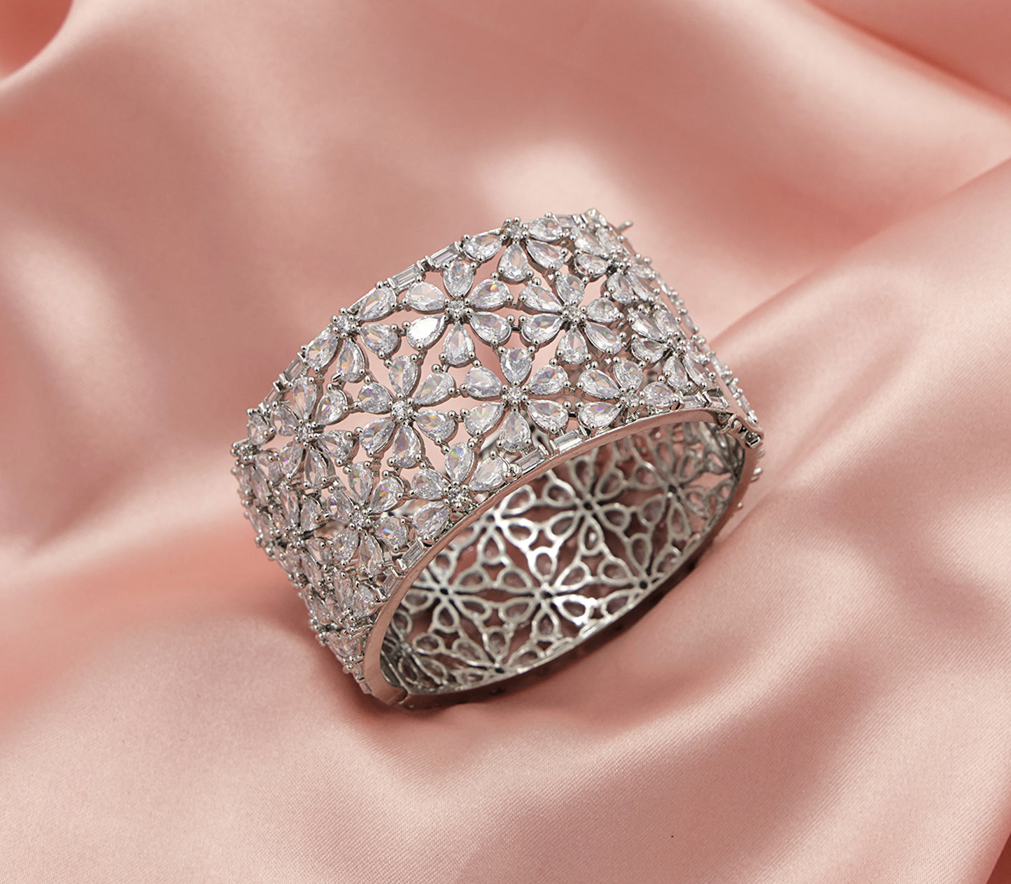 Crystal Bloom Cuff – Floral CZ Wide Bracelet