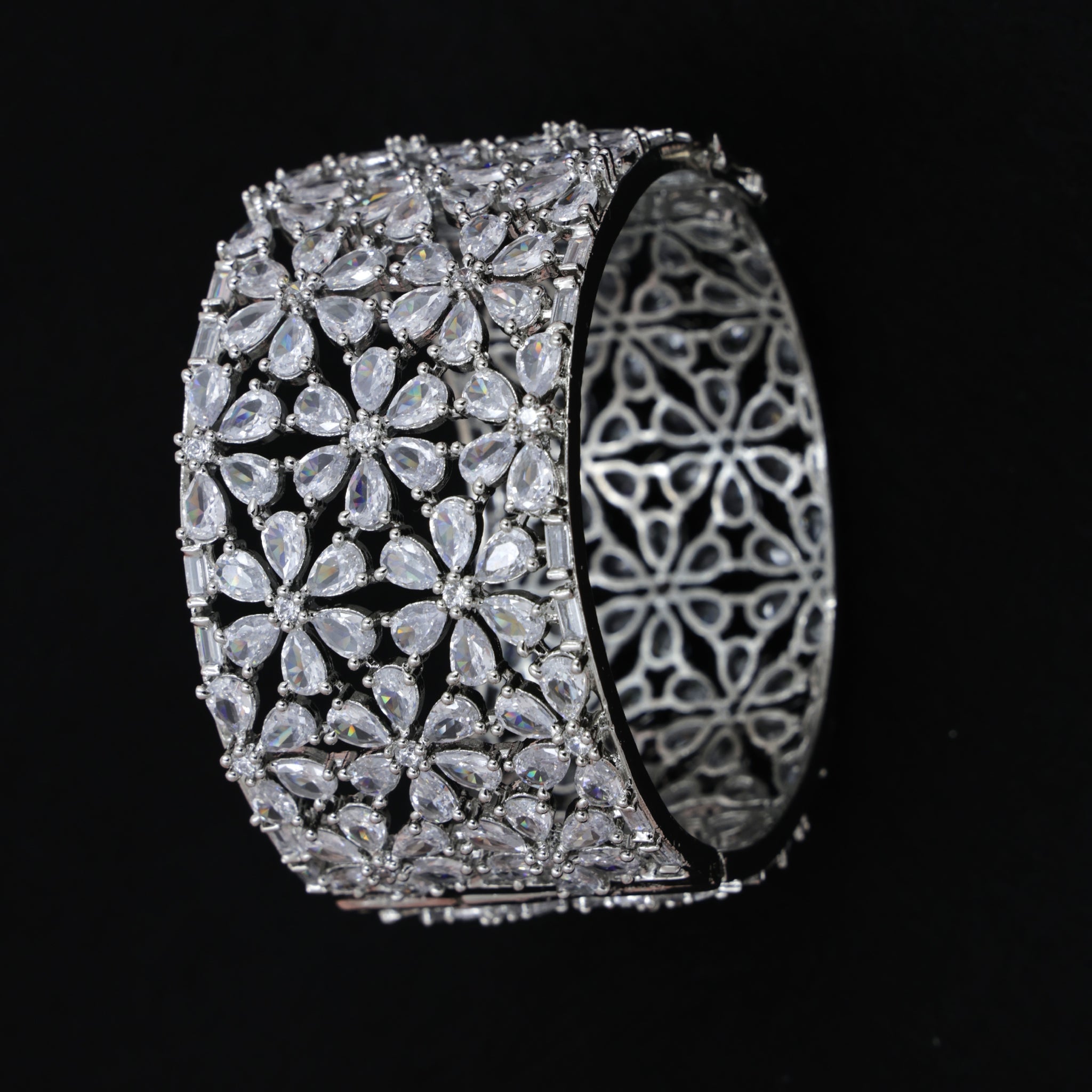 Crystal Bloom Cuff – Floral CZ Wide Bracelet